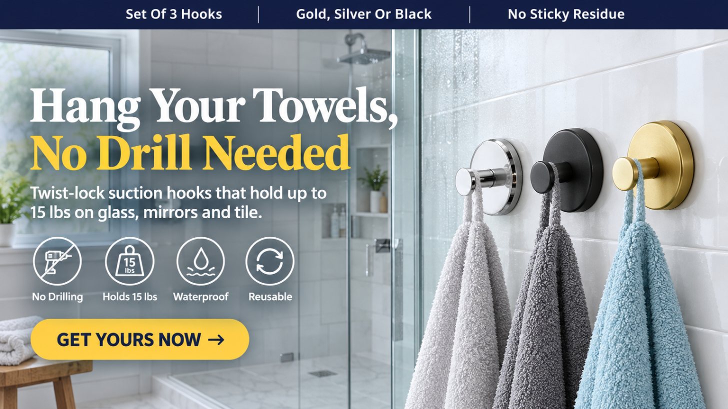 Hang Your Towels, No Drill Needed Twist-lock suction hooks that hold up to 15 lbs on glass, mirrors and tile