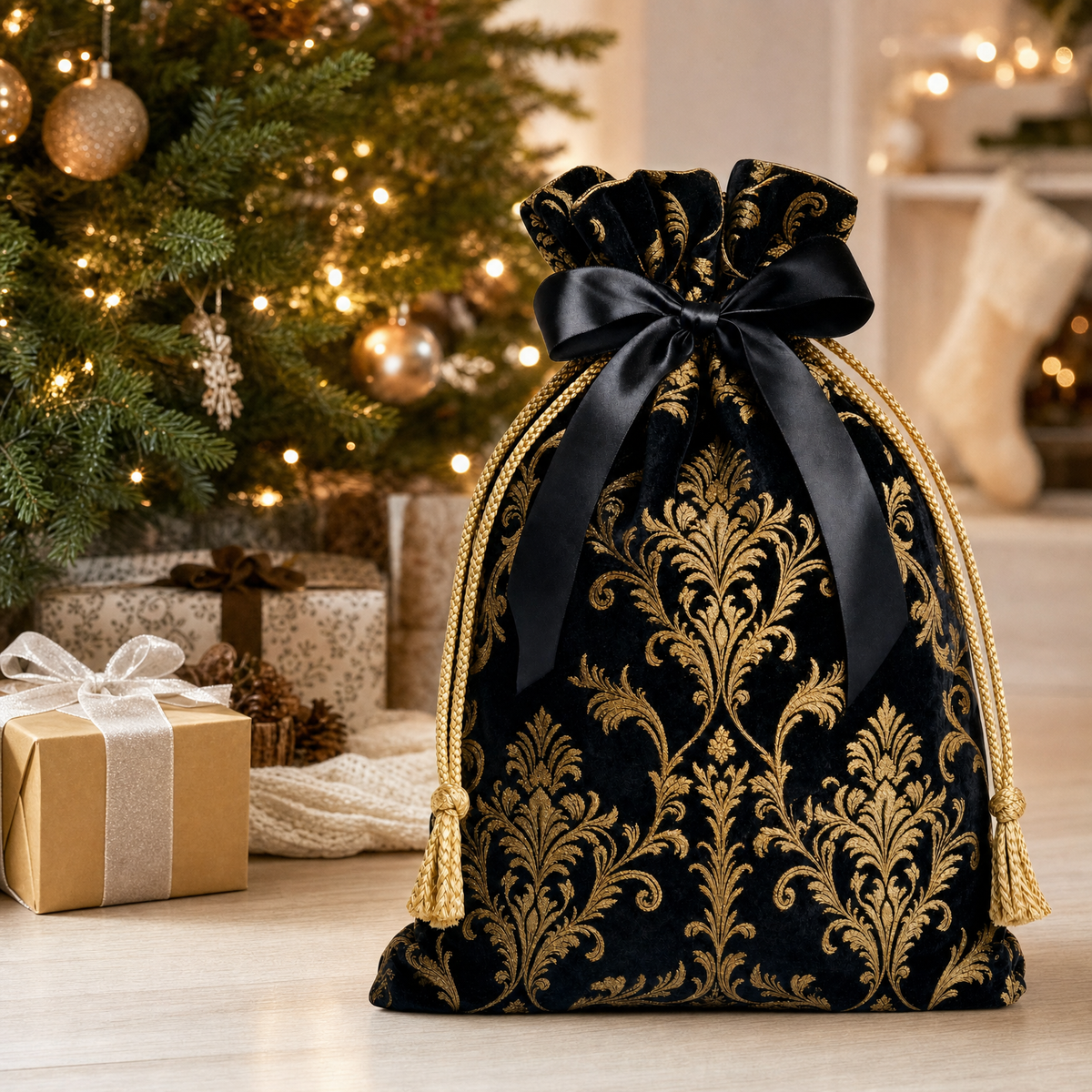 Noir Baroque — Reusable Fabric Christmas Gift Bag