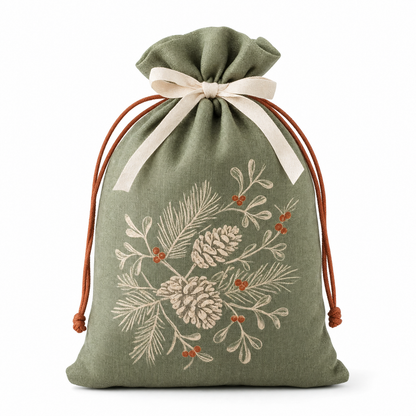 Winter Botanical — Reusable Fabric Christmas Gift Bag
