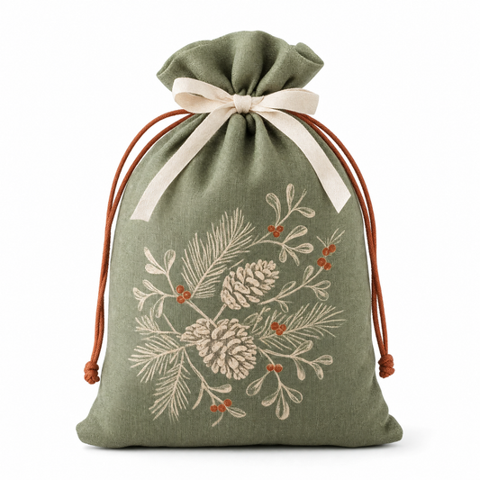 Winter Botanical — Reusable Fabric Christmas Gift Bag