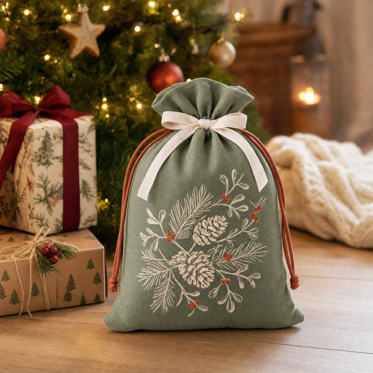 Winter Botanical — Reusable Fabric Christmas Gift Bag