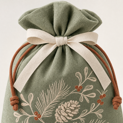 Winter Botanical — Reusable Fabric Christmas Gift Bag