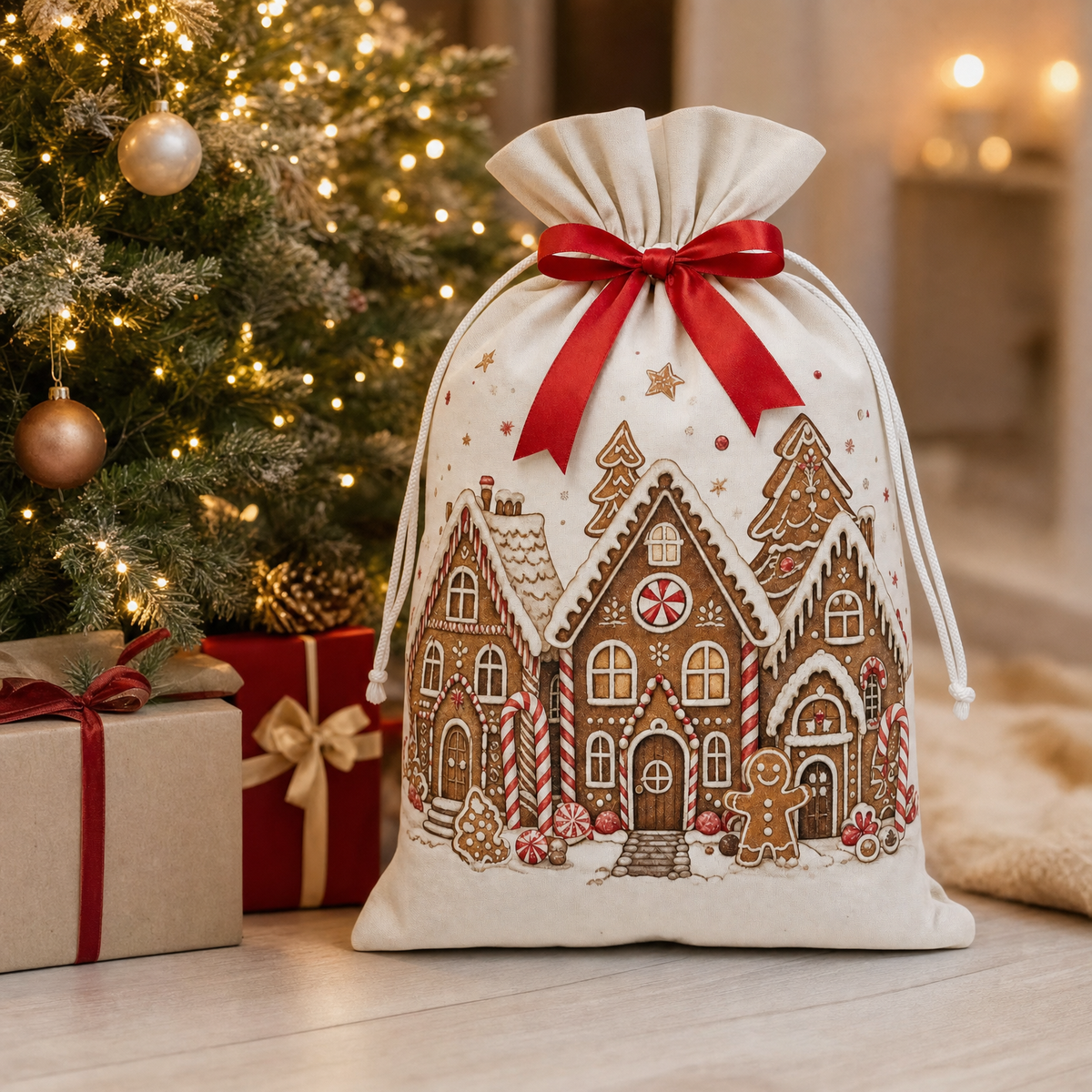 Gingerbread Village — Reusable Fabric Christmas Gift Bag
