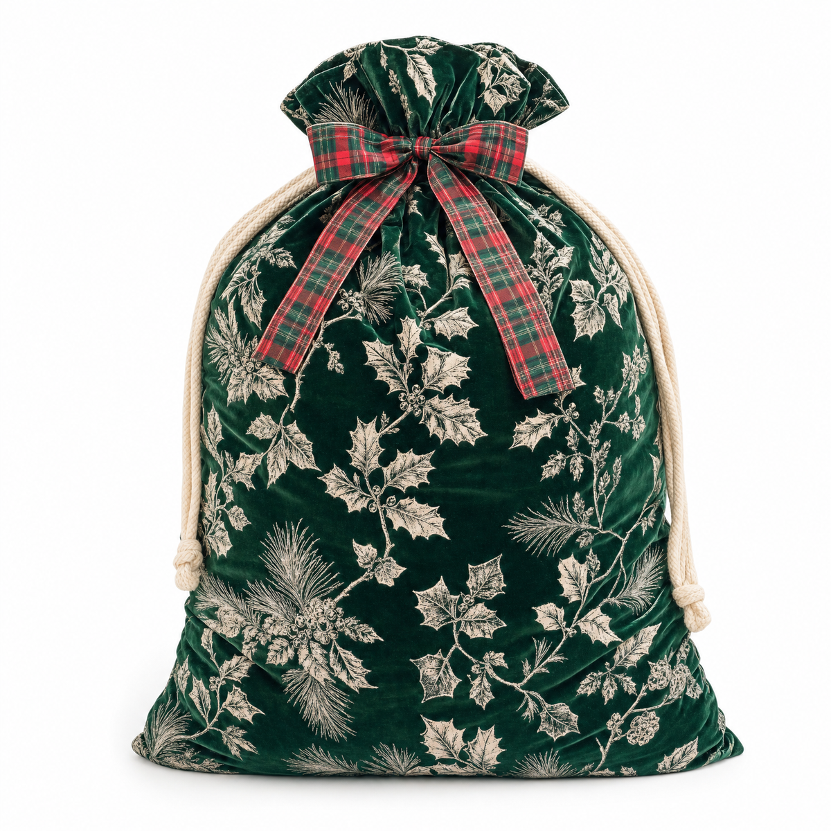 Holly Velvet Toile — Reusable Fabric Christmas Gift Bag