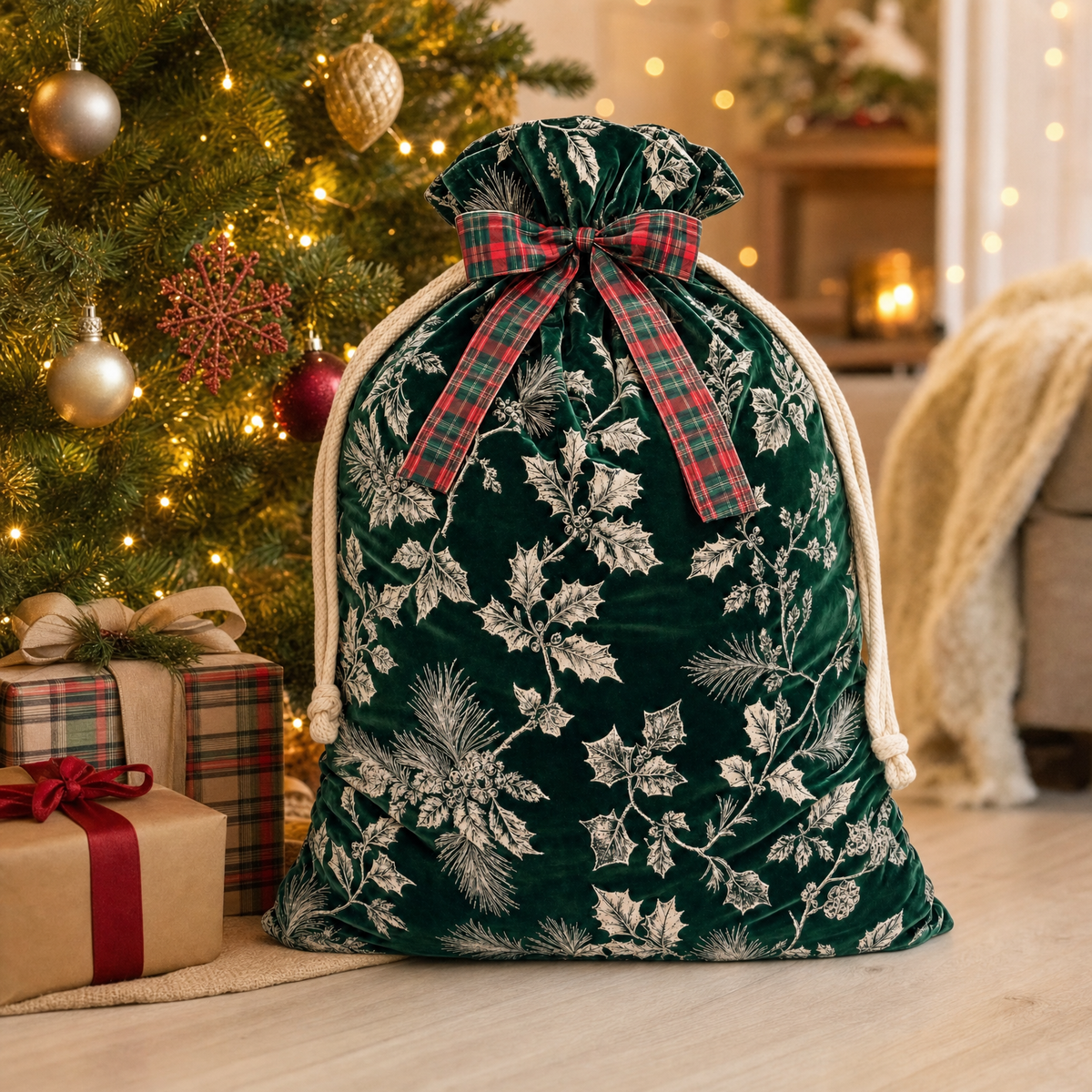 Holly Velvet Toile — Reusable Fabric Christmas Gift Bag