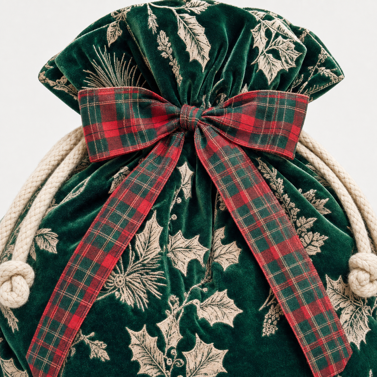 Holly Velvet Toile — Reusable Fabric Christmas Gift Bag