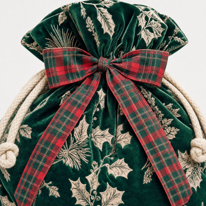Holly Velvet Toile — Reusable Fabric Christmas Gift Bag