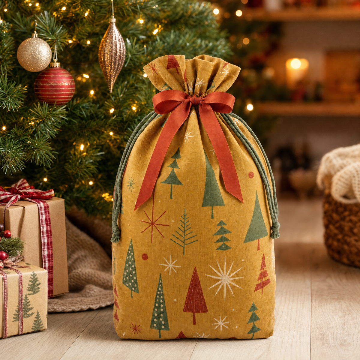 Mid-Century Trees — Reusable Fabric Christmas Gift Bag