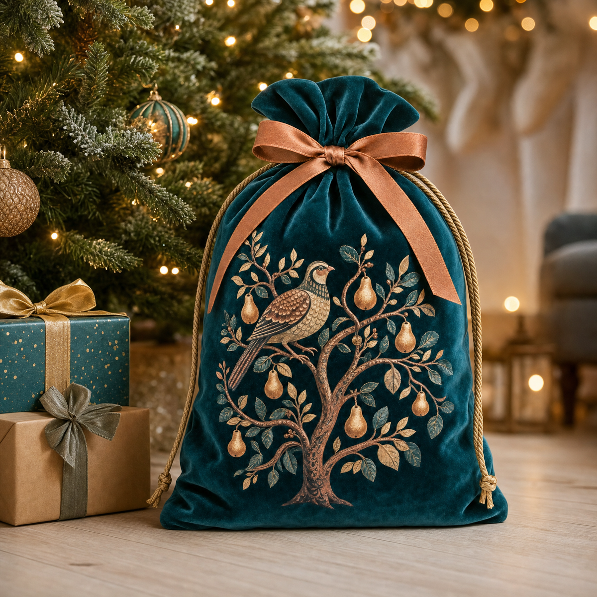 Partridge & Pear — Reusable Fabric Christmas Gift Bag