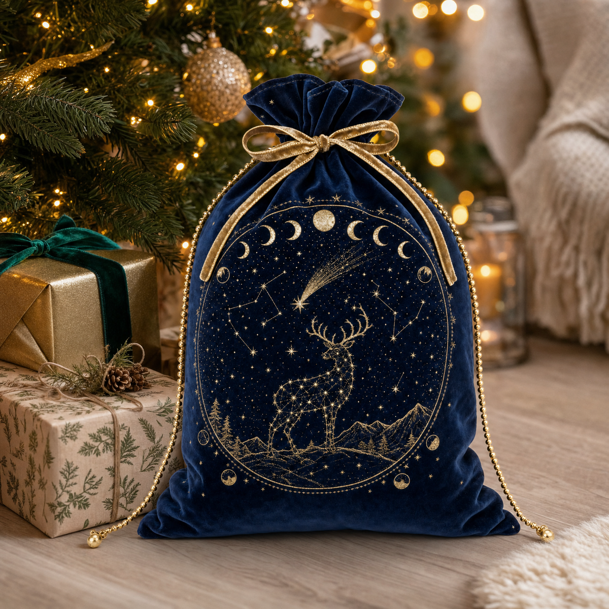 Celestial Noël — Reusable Fabric Christmas Gift Bag
