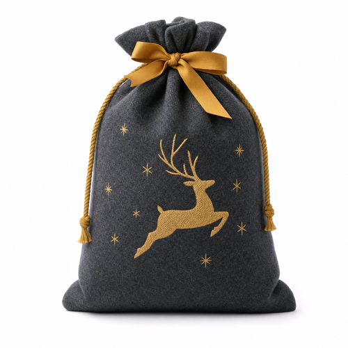 Golden Reindeer — Reusable Fabric Christmas Gift Bag