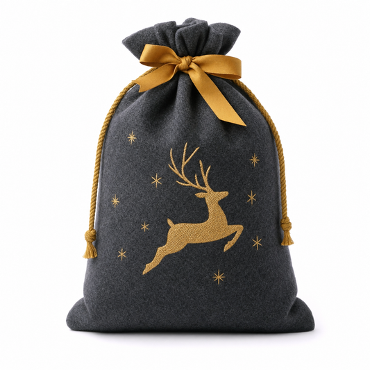 Golden Reindeer — Reusable Fabric Christmas Gift Bag