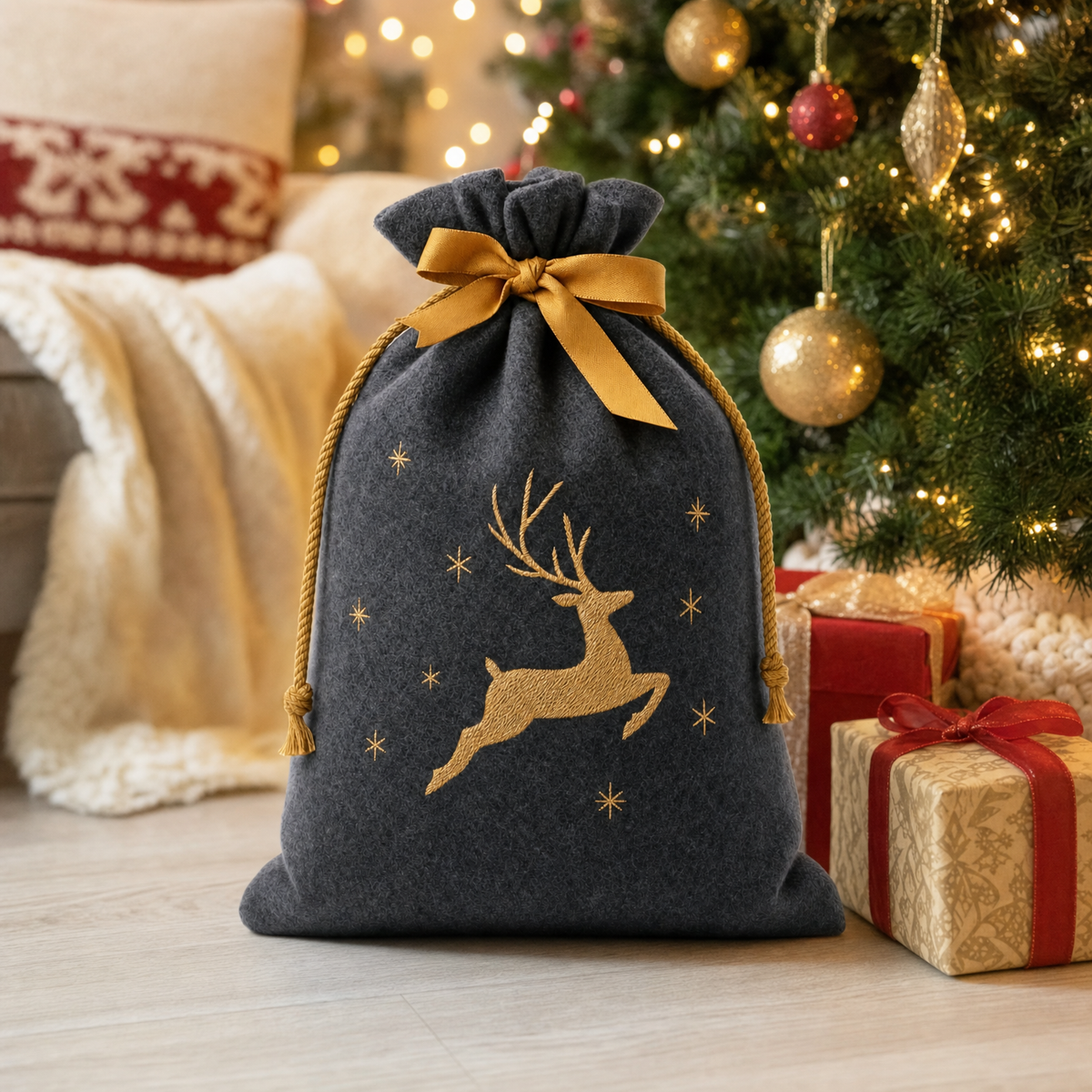 Golden Reindeer — Reusable Fabric Christmas Gift Bag