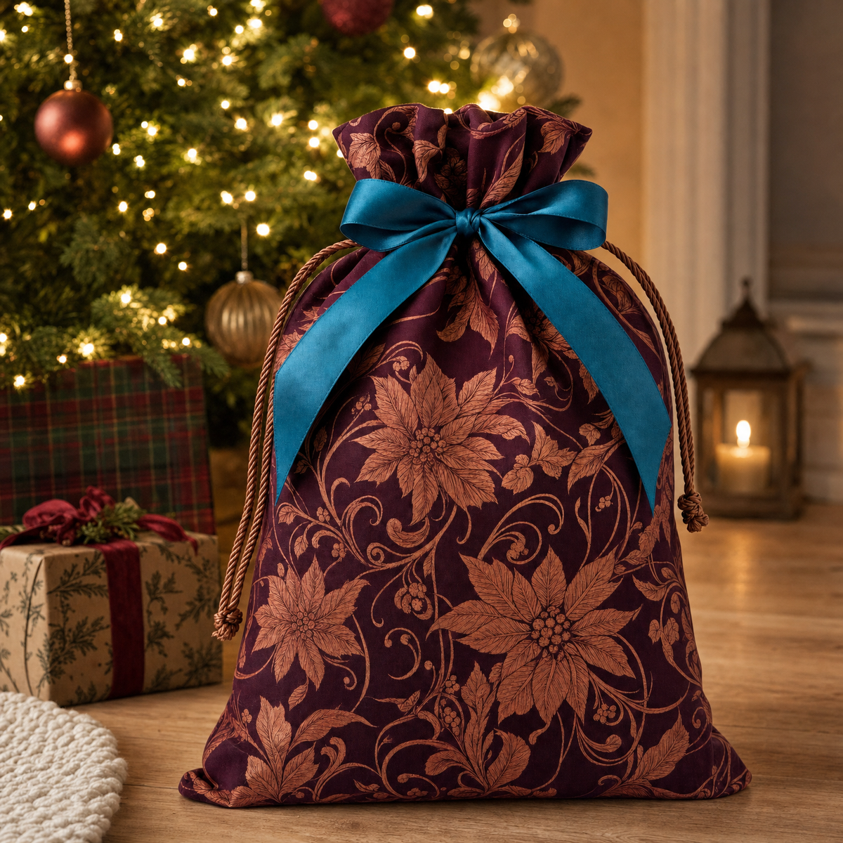 Copper Poinsettia — Reusable Fabric Christmas Gift Bag