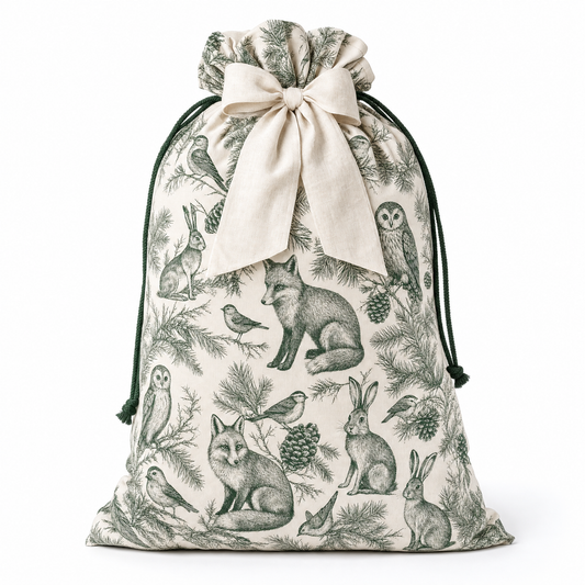 Woodland Toile — Reusable Fabric Christmas Gift Bag