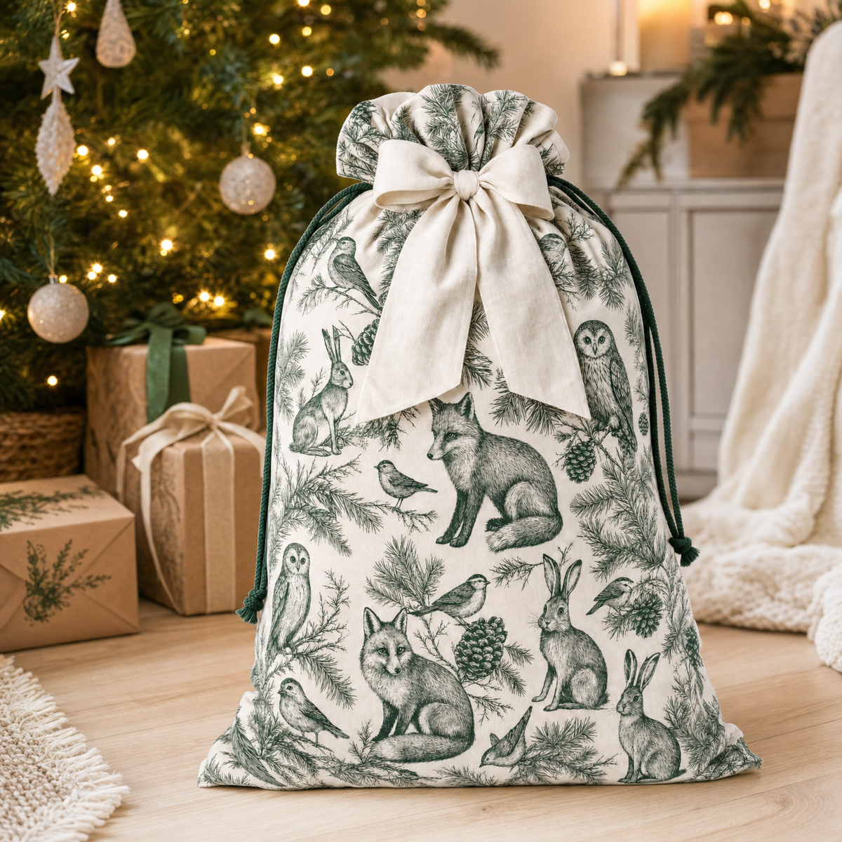 Woodland Toile — Reusable Fabric Christmas Gift Bag