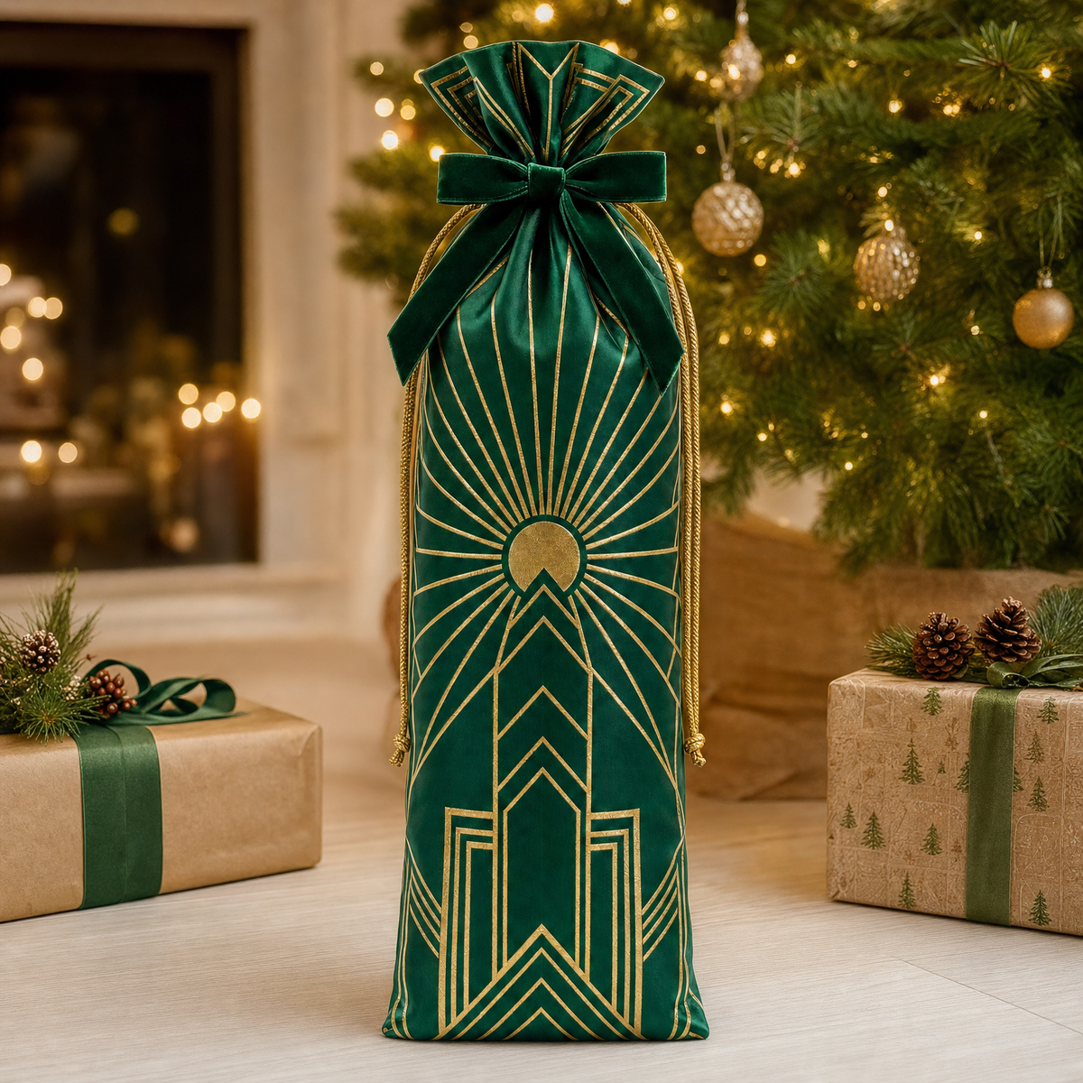 Emerald Deco Bottle — Reusable Fabric Christmas Gift Bag
