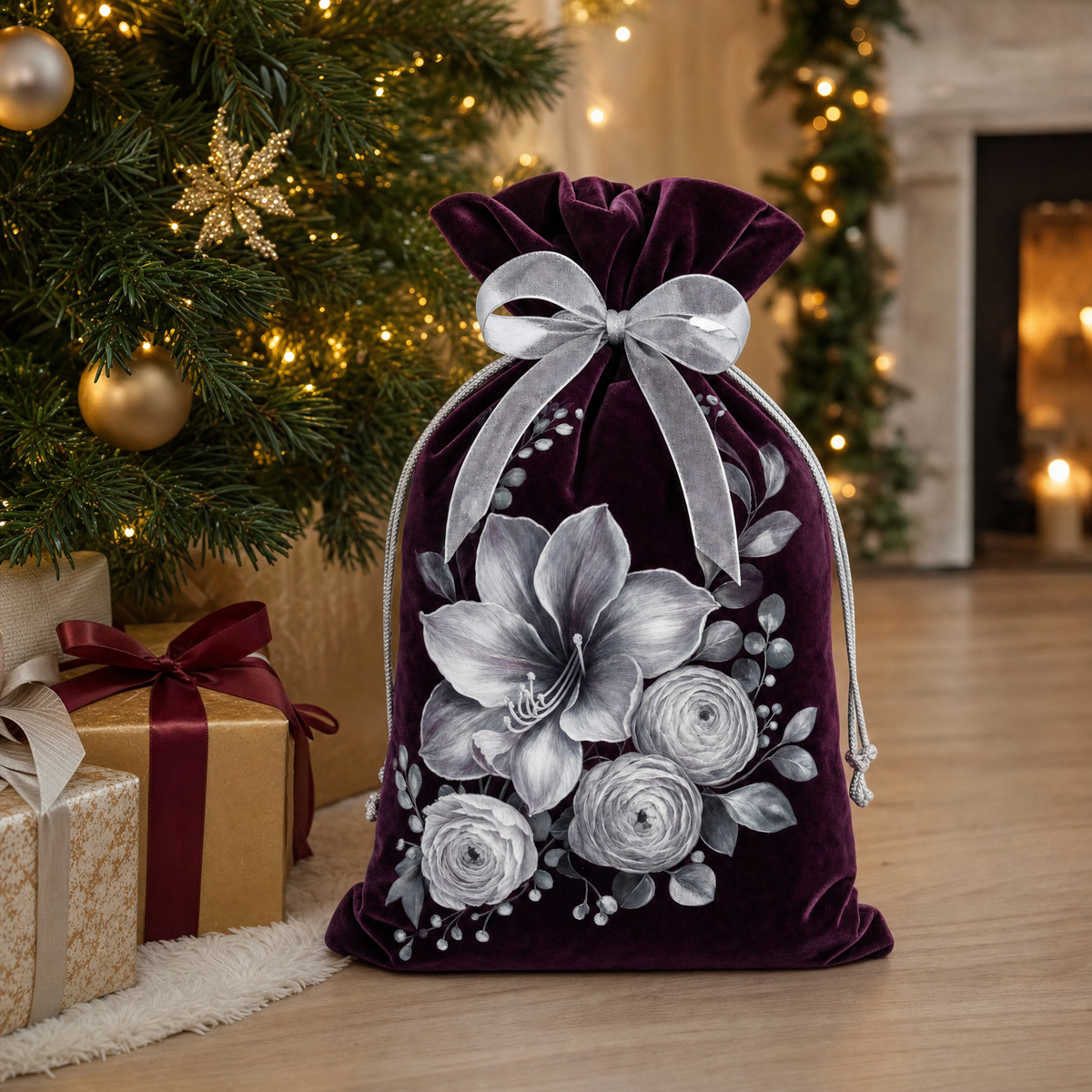 Silver Winter Bloom — Reusable Fabric Christmas Gift Bag