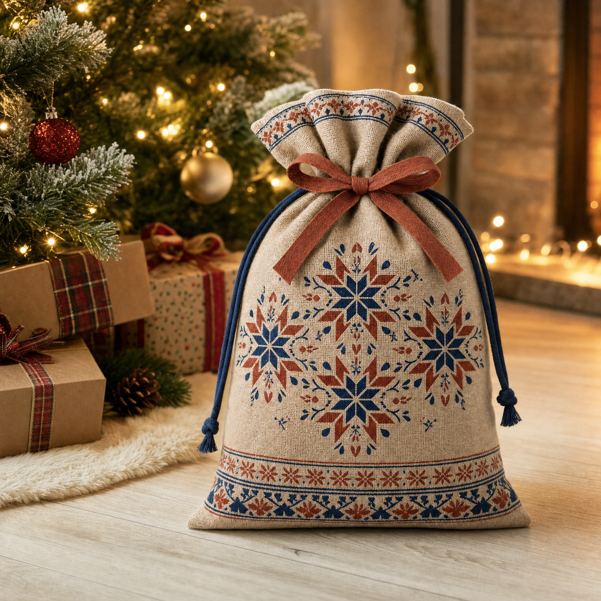 Folk Star — Reusable Fabric Christmas Gift Bag
