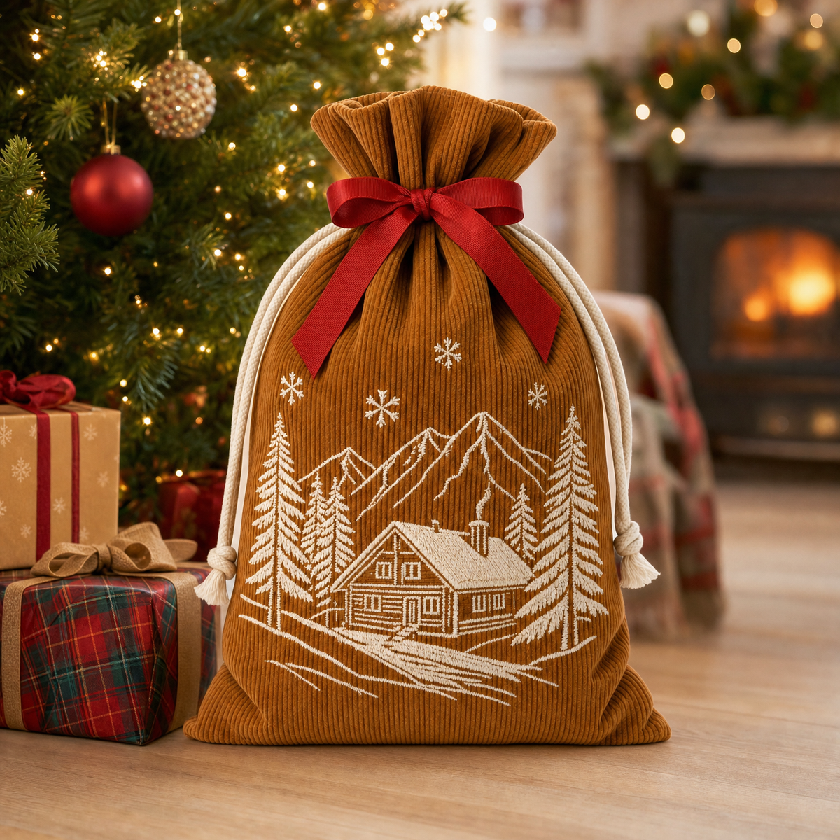 Alpine Lodge — Reusable Fabric Christmas Gift Bag